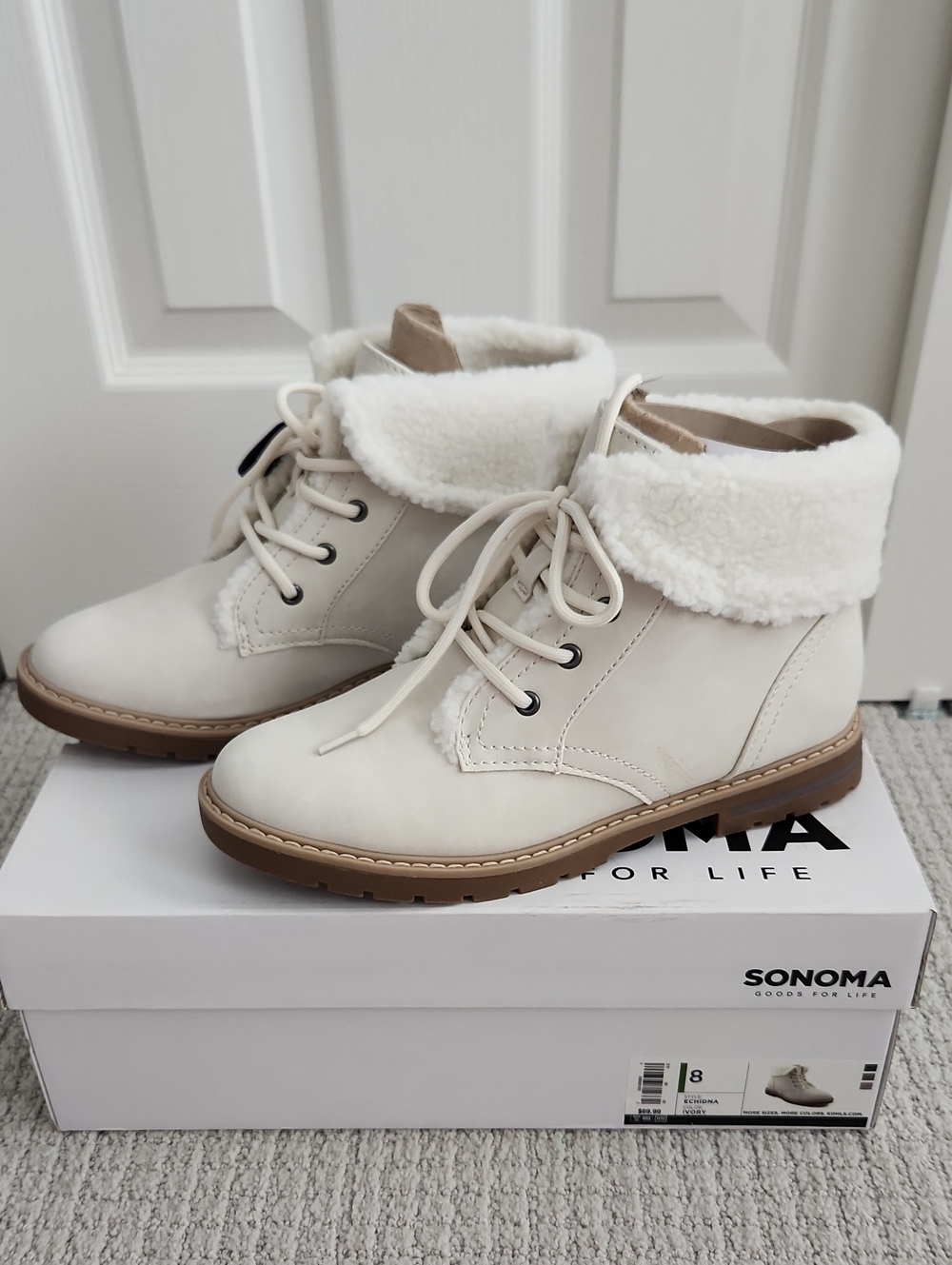 Sonoma Lace-Up Ankle Boots with Faux Shearling Cuff in Cream and Tan